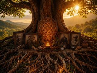Árbol con retratos familiares antiguos y una vela encendida entre sus raíces